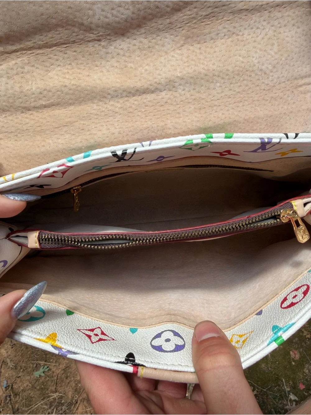 White Multicolor Monogram Satchel with Pom Charm